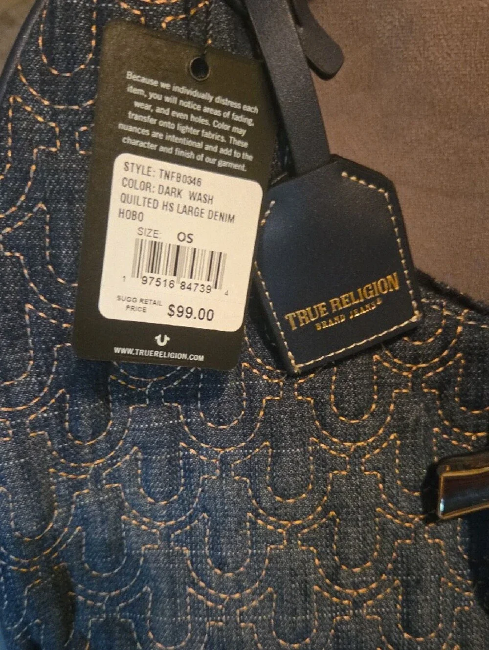 True Religion Denim Hobo Bag in Dark Blue with Silver Hardware